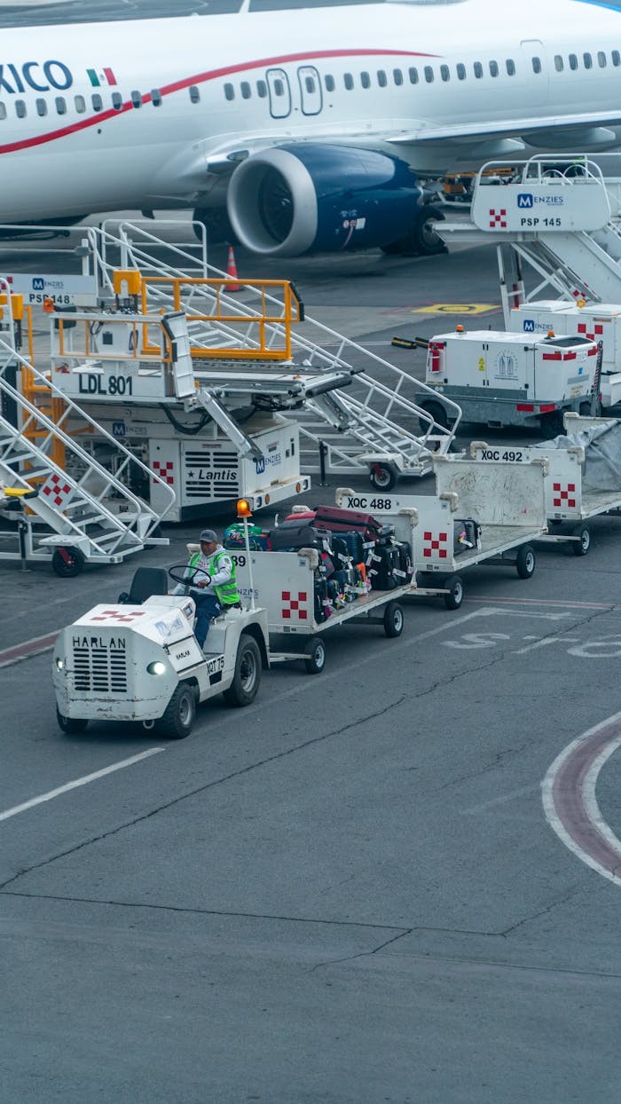about-02 A bustling airport scene with ground crew and baggage carts near an airplane on the tarmac.