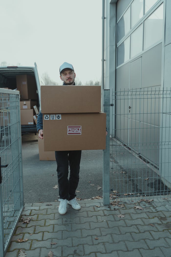 why-choose-us Man delivering cardboard boxes in an outdoor setting wearing casual attire.